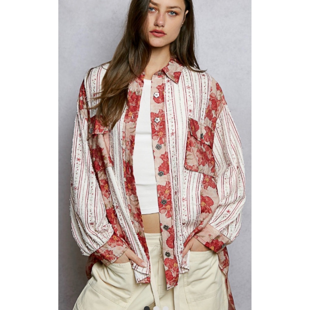 POL Floral Patchwork Button Up Shirt Boho Cottagecore Lagenlook Oversized